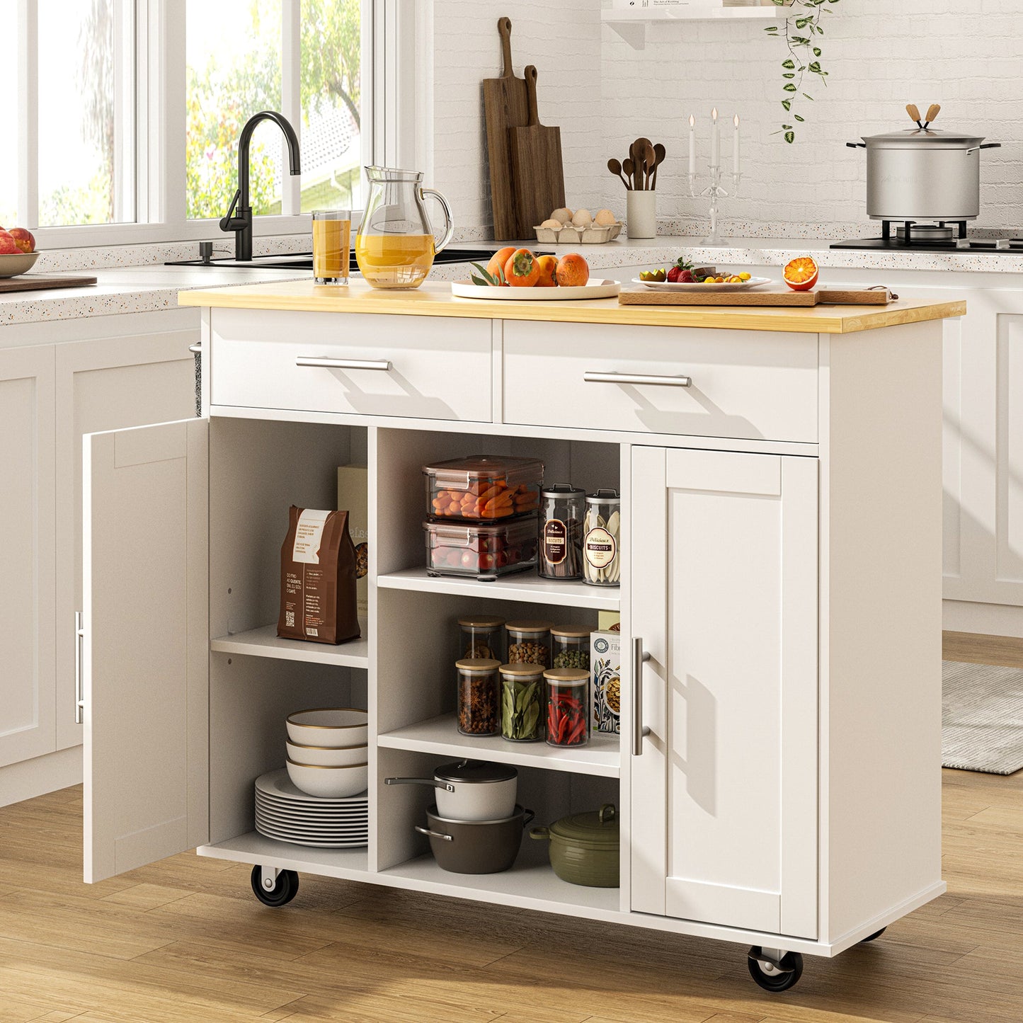 Walsunny 40" Kitchen Islands Carts with Storage Drop Leaf Countertop on Wheels Rolling Microwave Utility Carts with 3 Drawers 1 Storage Cabinets,Brown