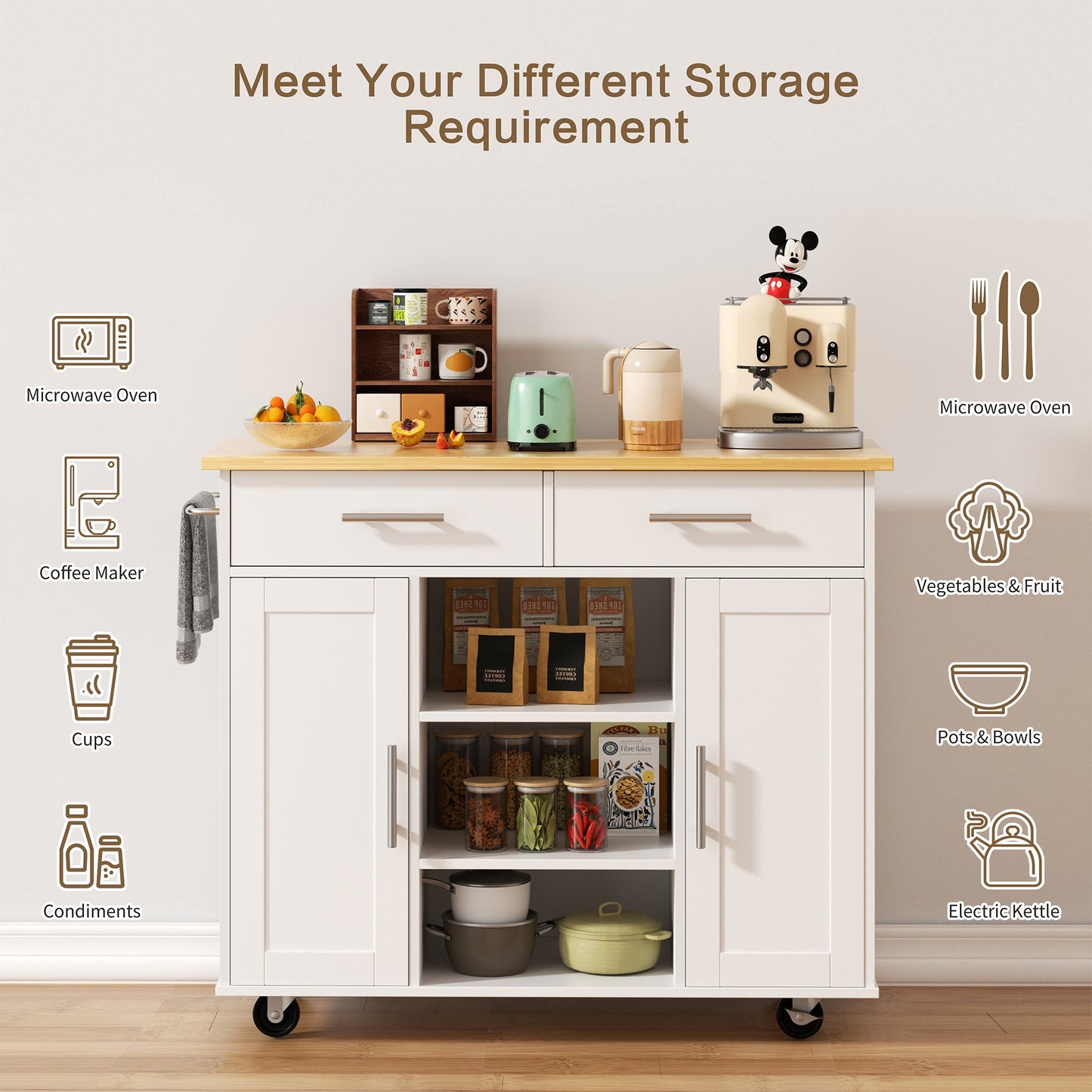 Walsunny 40" Kitchen Islands Carts with Storage Drop Leaf Countertop on Wheels Rolling Microwave Utility Carts with 3 Drawers 1 Storage Cabinets,Brown