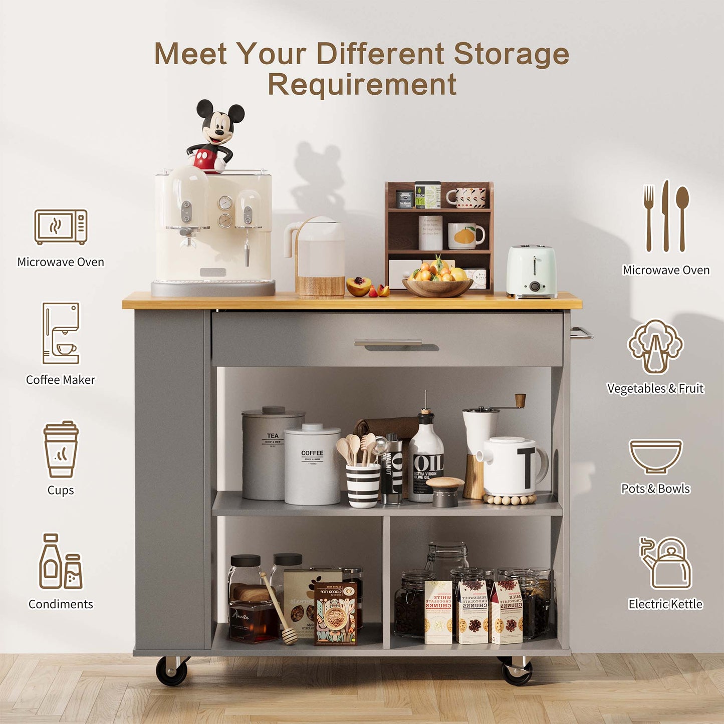 Walsunny Kitchen Island on Wheels with Storage Cabinet, Rolling Cart Kitchen Storage Organizer with/3 Side Spice Rack, 2 Tier Open Shelf for Kitchen