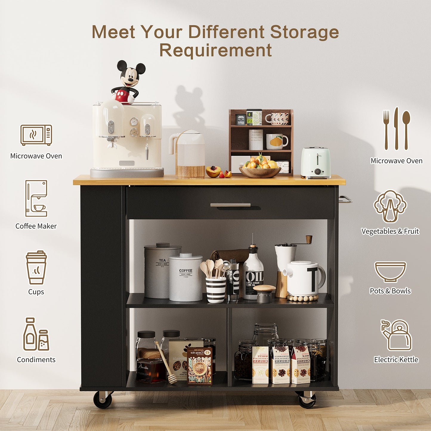 Walsunny Kitchen Island on Wheels with Storage Cabinet, Rolling Cart Kitchen Storage Organizer with/3 Side Spice Rack, 2 Tier Open Shelf for Kitchen