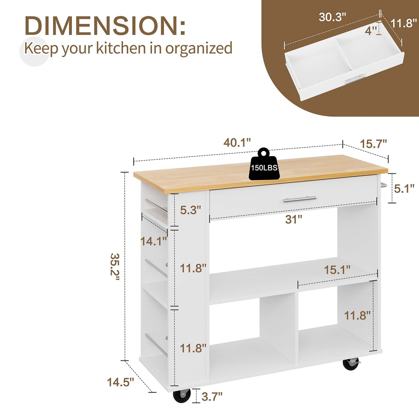Walsunny Kitchen Island on Wheels with Storage Cabinet, Rolling Cart Kitchen Storage Organizer with/3 Side Spice Rack, 2 Tier Open Shelf for Kitchen