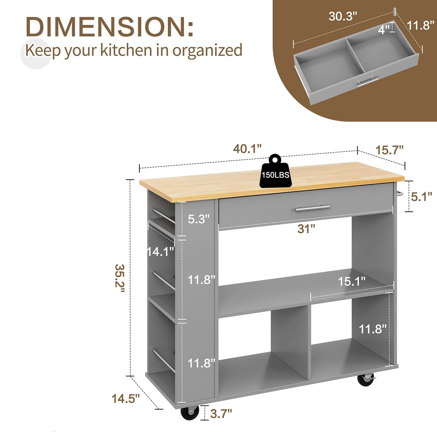 Walsunny Kitchen Island on Wheels with Storage Cabinet, Rolling Cart Kitchen Storage Organizer with/3 Side Spice Rack, 2 Tier Open Shelf for Kitchen