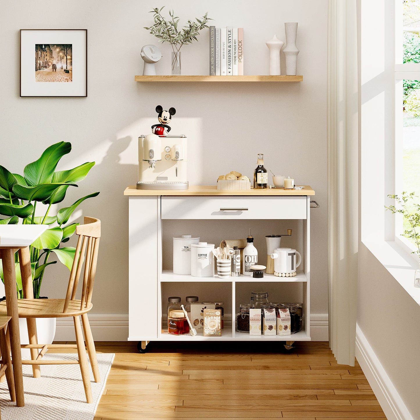 Walsunny Kitchen Island on Wheels with Storage Cabinet, Rolling Cart Kitchen Storage Organizer with/3 Side Spice Rack, 2 Tier Open Shelf for Kitchen