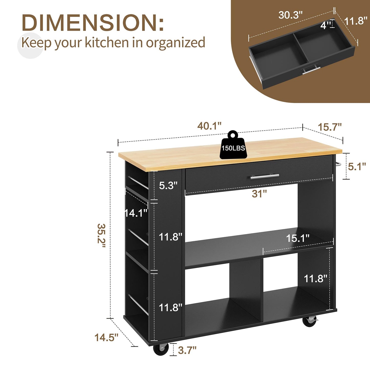 Walsunny Kitchen Island on Wheels with Storage Cabinet, Rolling Cart Kitchen Storage Organizer with/3 Side Spice Rack, 2 Tier Open Shelf for Kitchen