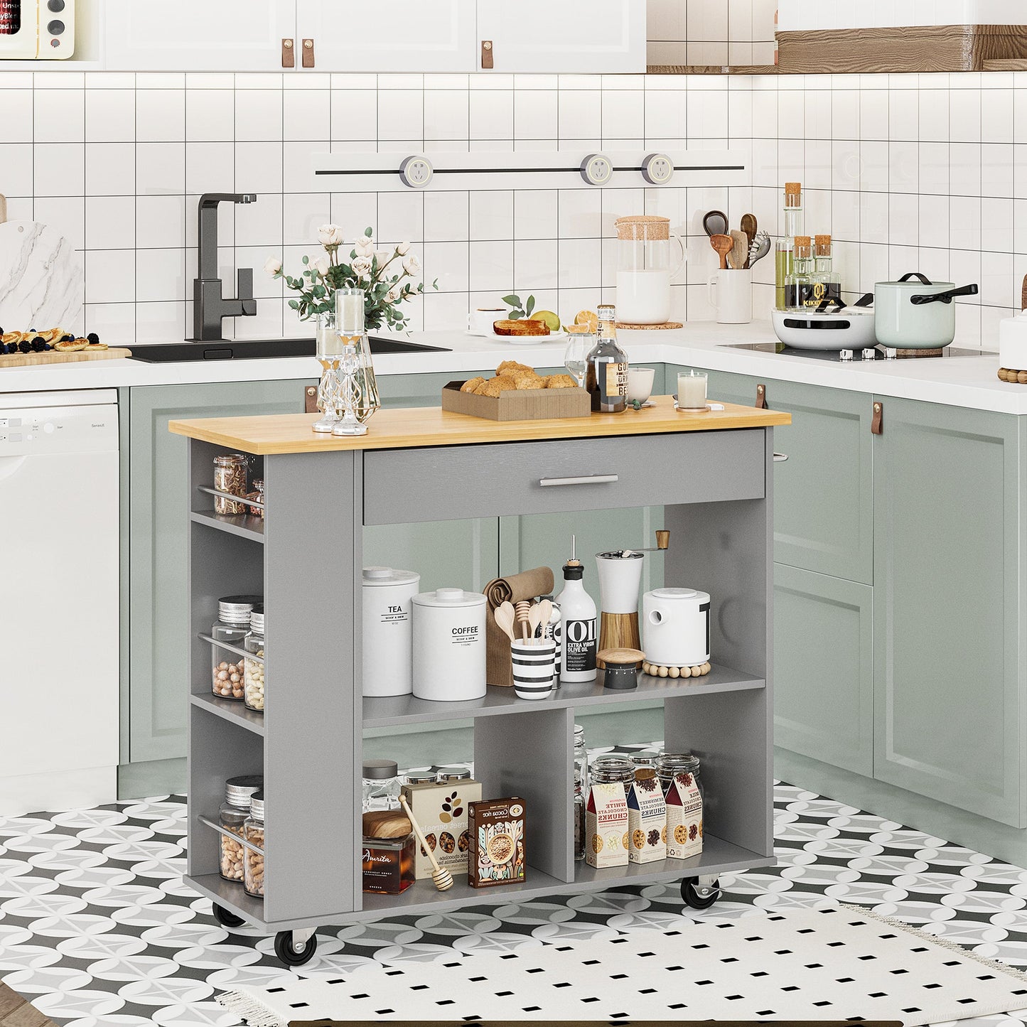 Walsunny Kitchen Island on Wheels with Storage Cabinet, Rolling Cart Kitchen Storage Organizer with/3 Side Spice Rack, 2 Tier Open Shelf for Kitchen