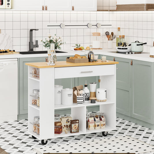 Walsunny Kitchen Island on Wheels with Storage Cabinet, Rolling Cart Kitchen Storage Organizer with/3 Side Spice Rack, 2 Tier Open Shelf for Kitchen