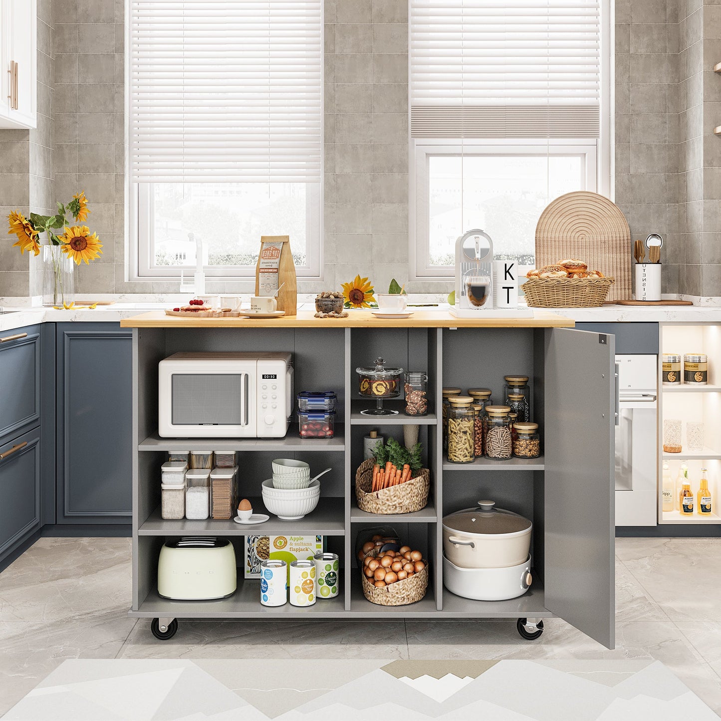 Walsunny 47.2" Large Kitchen Cabinet with Open Shelves, Kitchen Island