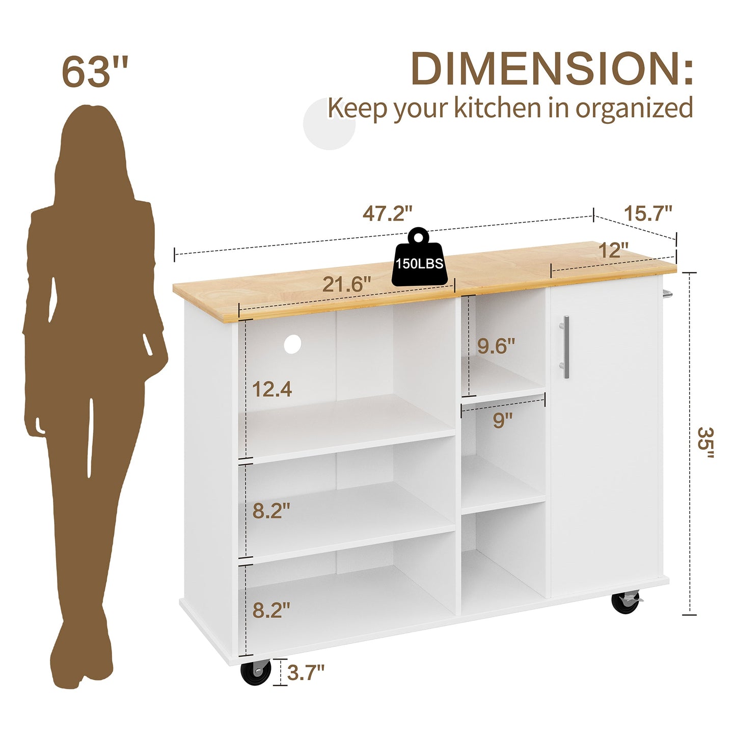 Walsunny 47.2" Large Kitchen Cabinet with Open Shelves, Kitchen Island