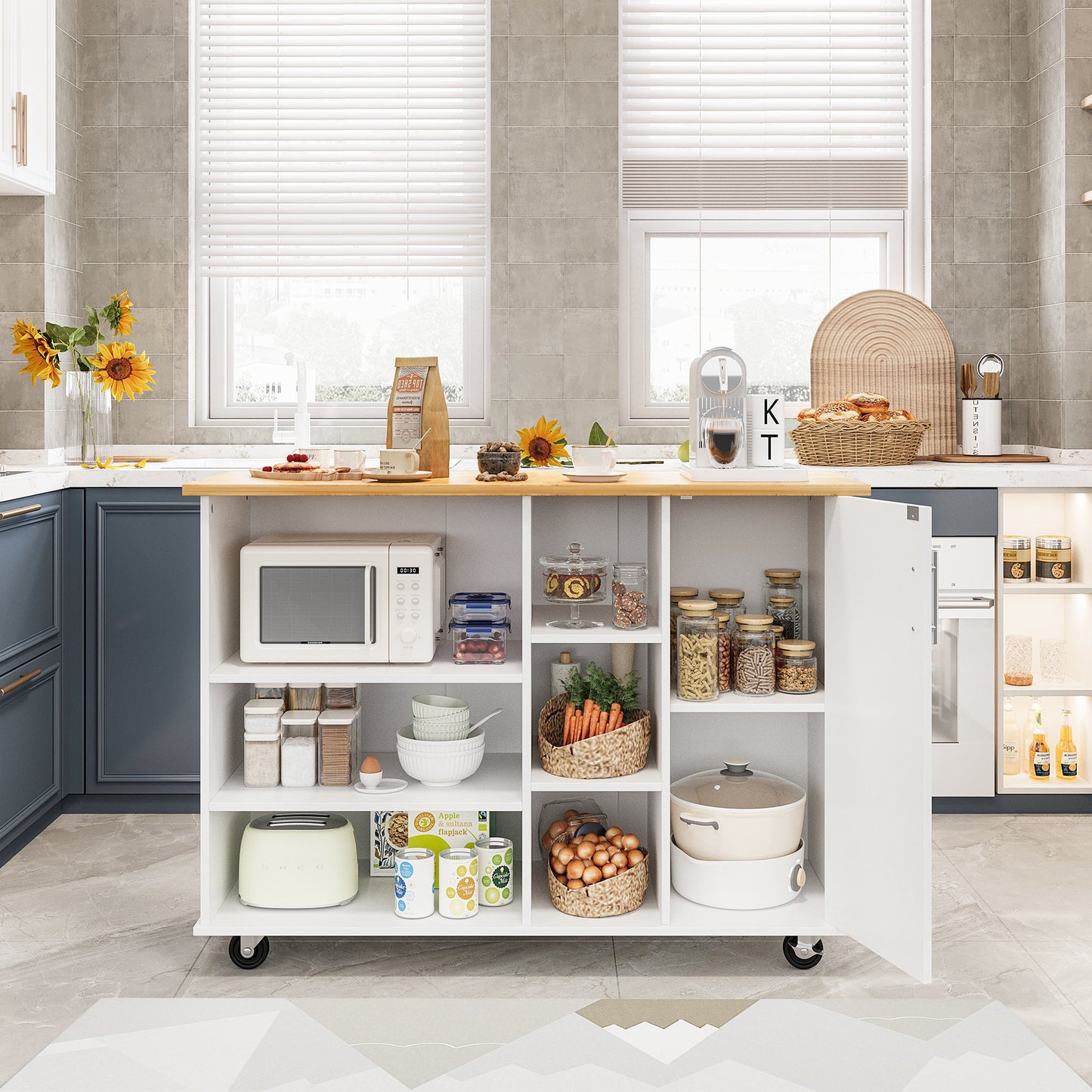 Walsunny 47.2" Large Kitchen Cabinet with Open Shelves, Kitchen Island