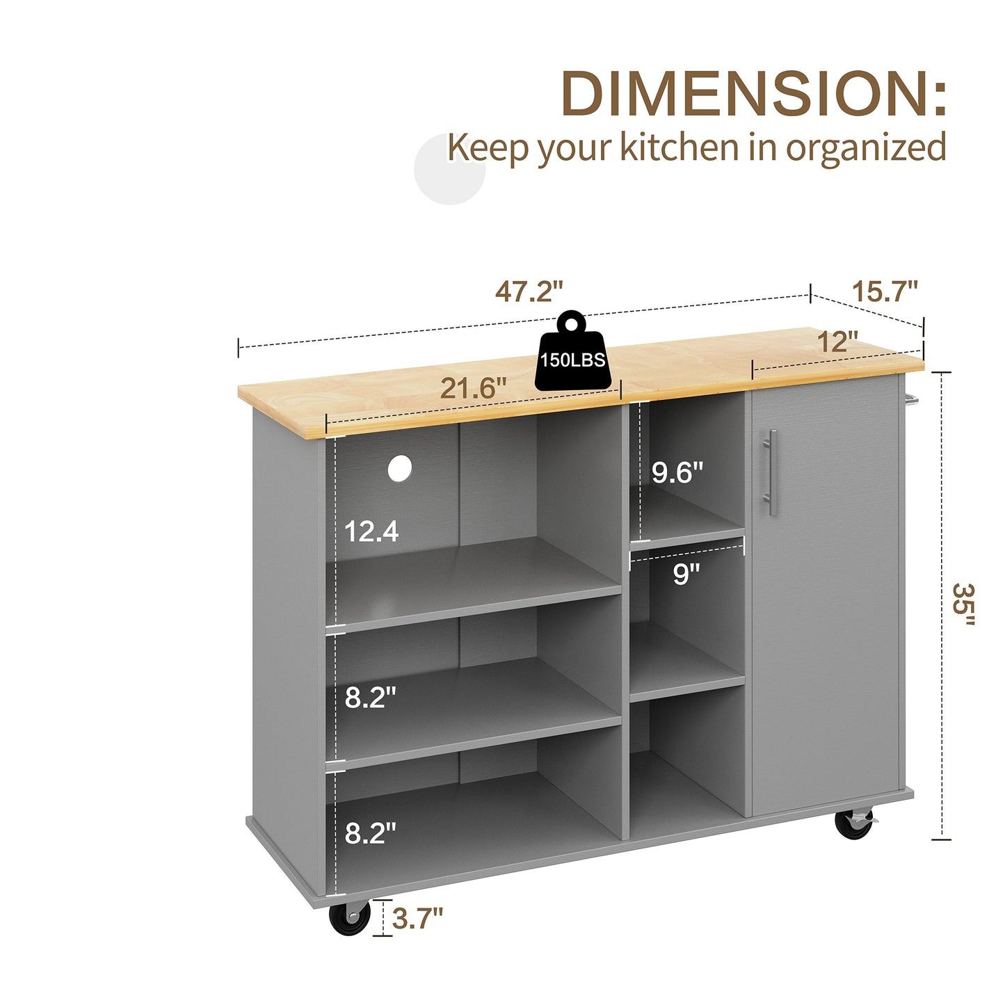 Walsunny 47.2" Large Kitchen Cabinet with Open Shelves, Kitchen Island