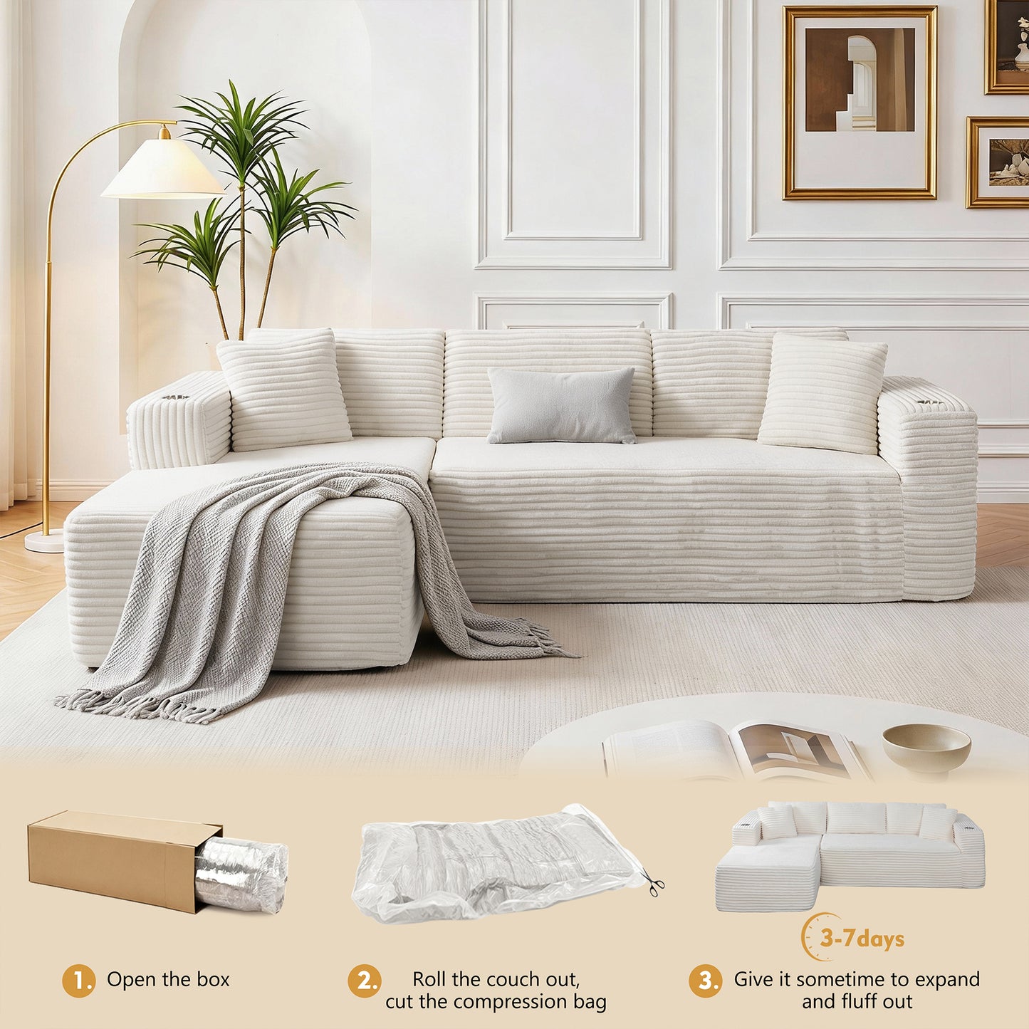 Walsunny Modular L-Shaped Sectional Sofa, High Resilience Foam Couch, Modern Boneless Sofa with Deep Seat and Corduroy Fabric for Living Room