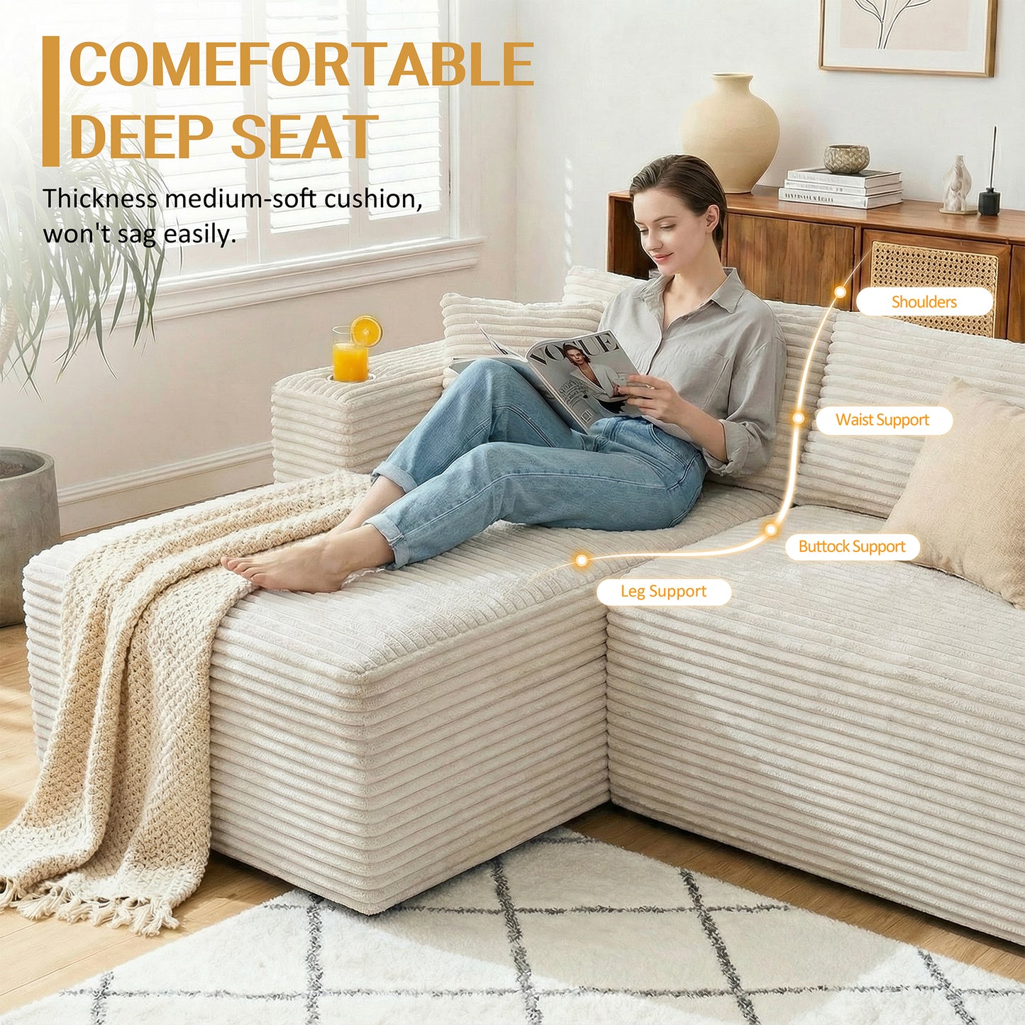 Walsunny Modular L-Shaped Sectional Sofa, High Resilience Foam Couch, Modern Boneless Sofa with Deep Seat and Corduroy Fabric for Living Room