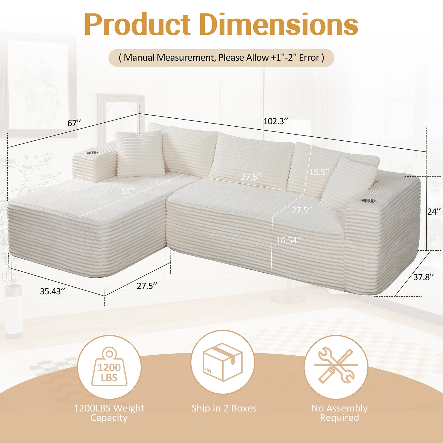 Walsunny Modular L-Shaped Sectional Sofa, High Resilience Foam Couch, Modern Boneless Sofa with Deep Seat and Corduroy Fabric for Living Room