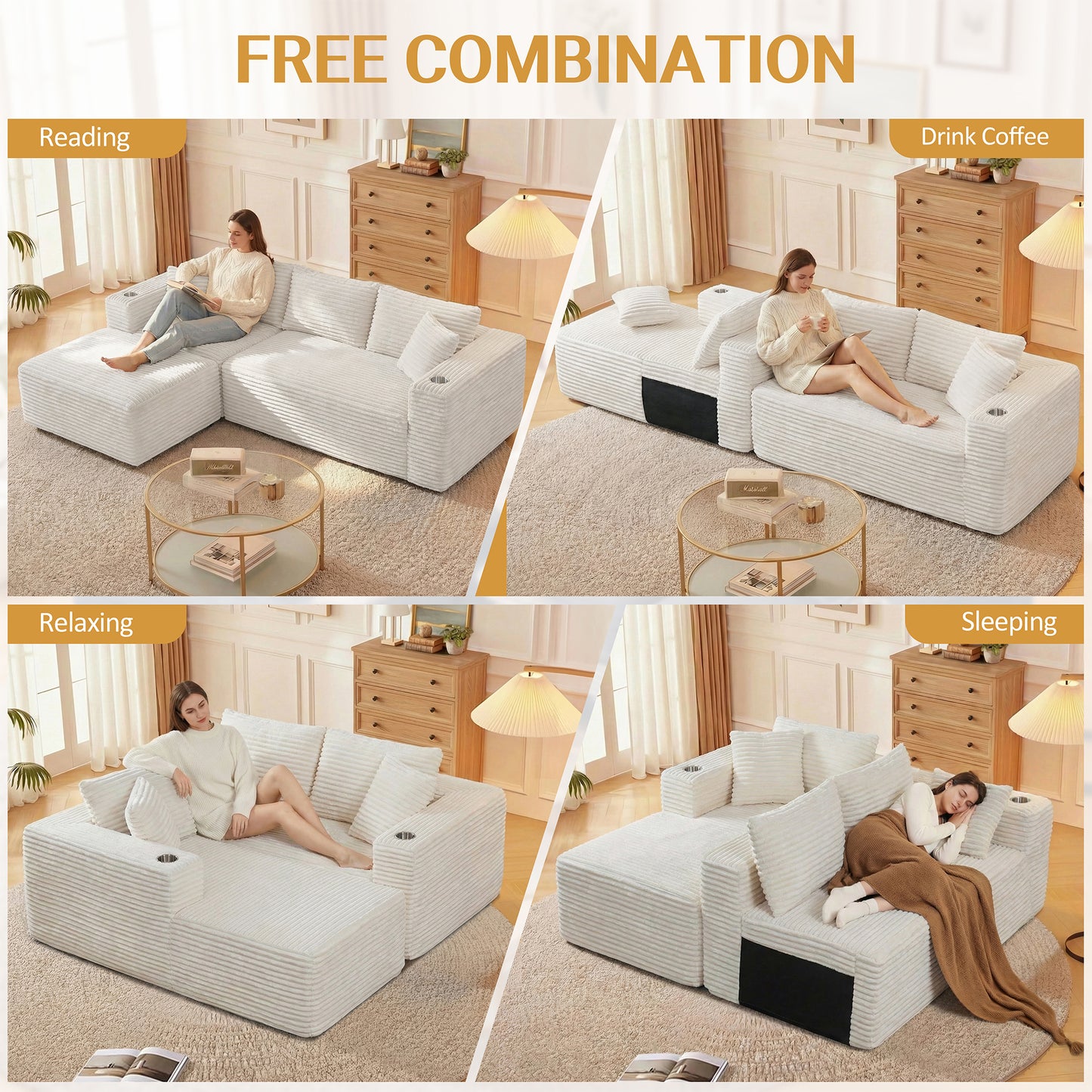 Walsunny Modular L-Shaped Sectional Sofa, High Resilience Foam Couch, Modern Boneless Sofa with Deep Seat and Corduroy Fabric for Living Room