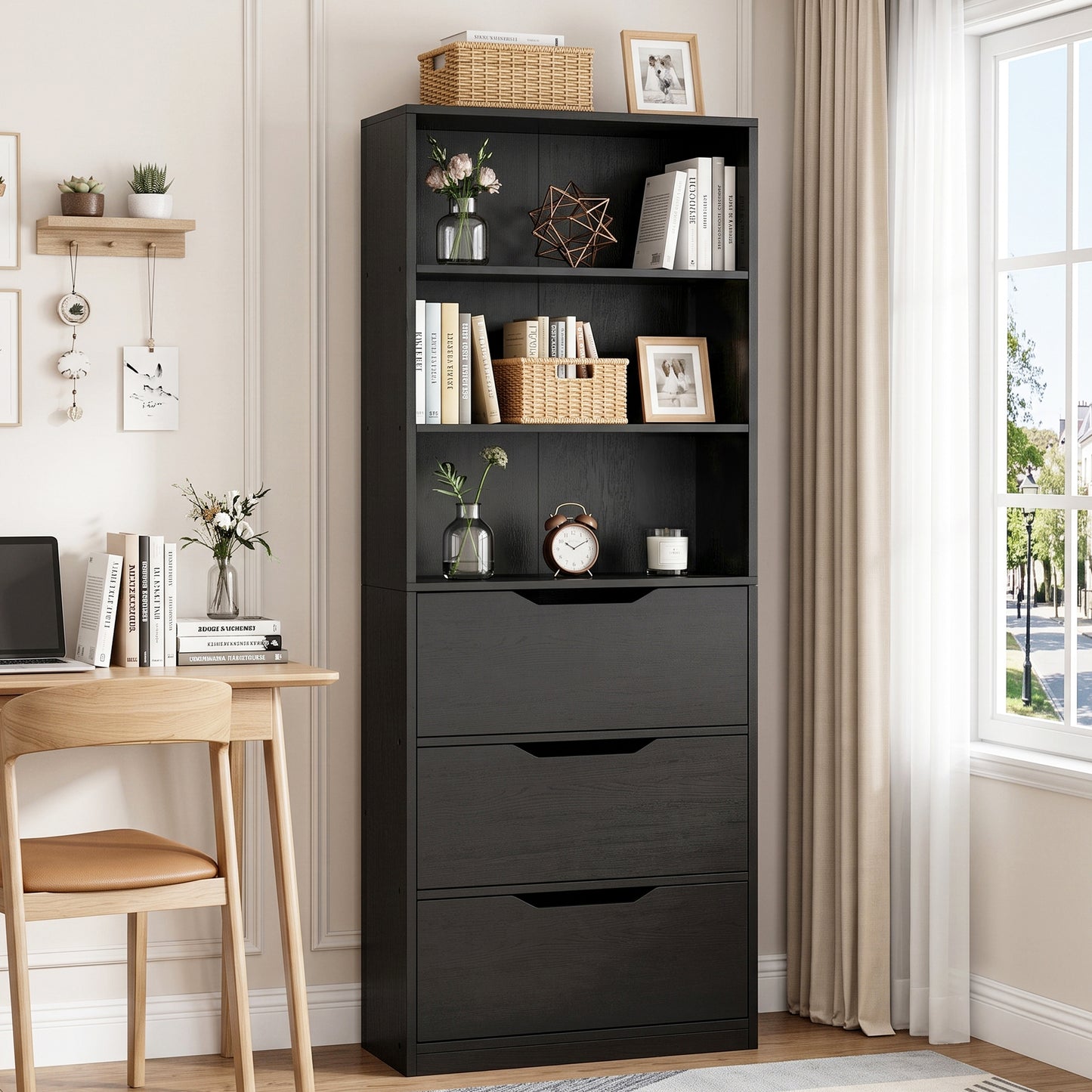 Walsunny Bookshelf with Drawers, 6 Tier H Shaped Bookcase with 3 Open Shelves, Wooden Tall Bookshelf and Bookcase for Living Room