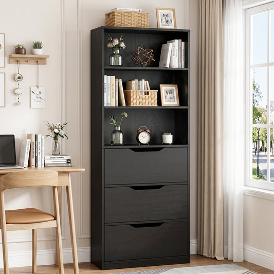 Walsunny Bookshelf with Drawers, 6 Tier H Shaped Bookcase with 3 Open Shelves, Wooden Tall Bookshelf and Bookcase for Living Room
