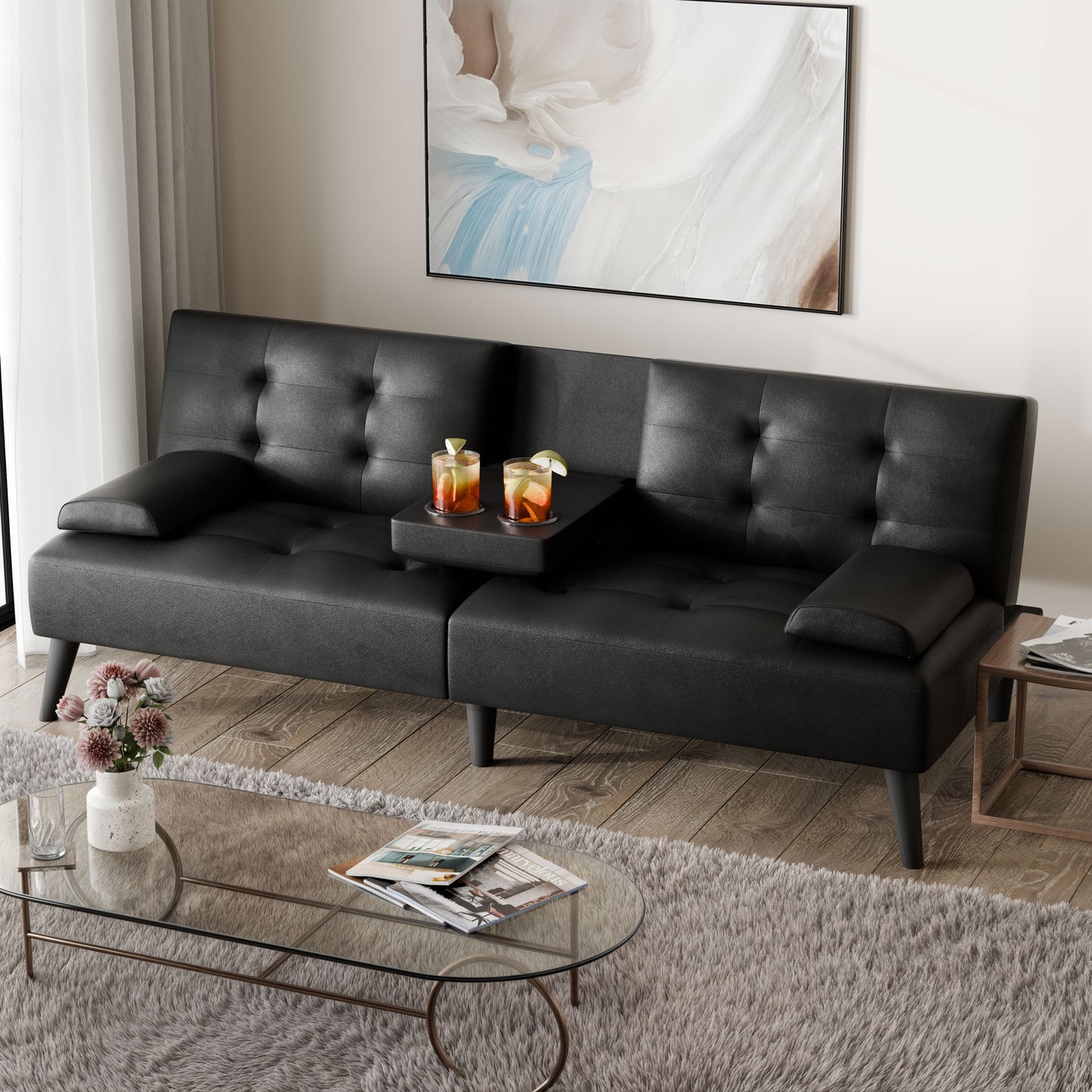 Walsunny Leather Convertible Futon Sofa Bed with 3-Angle Adjustable Split Back, Loveseat Sleeper Sofa Couch for Small Spaces & Guest Rooms, Black