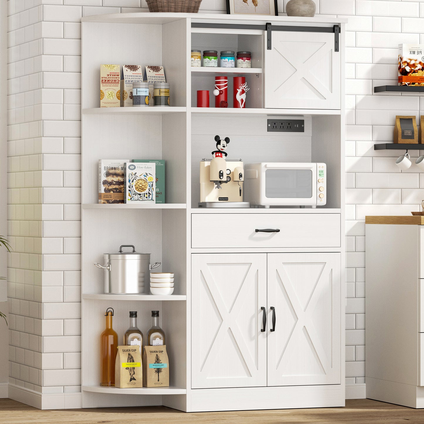 Walsunny 60.4" Kitchen Pantry Storage Cabinet with Adjustable Shelves, Racks and Doors Freestanding Kitchen Hutch Cupboard