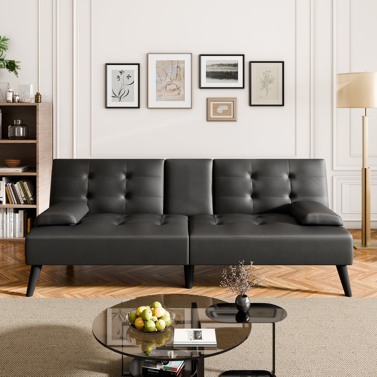 Walsunny 64" Sofa Bed Futon Couches, Folding Loveseat Recliner with 3-Angle Adjustment, Removable Arms 2 Cup Holders for Small Spaces,Gray
