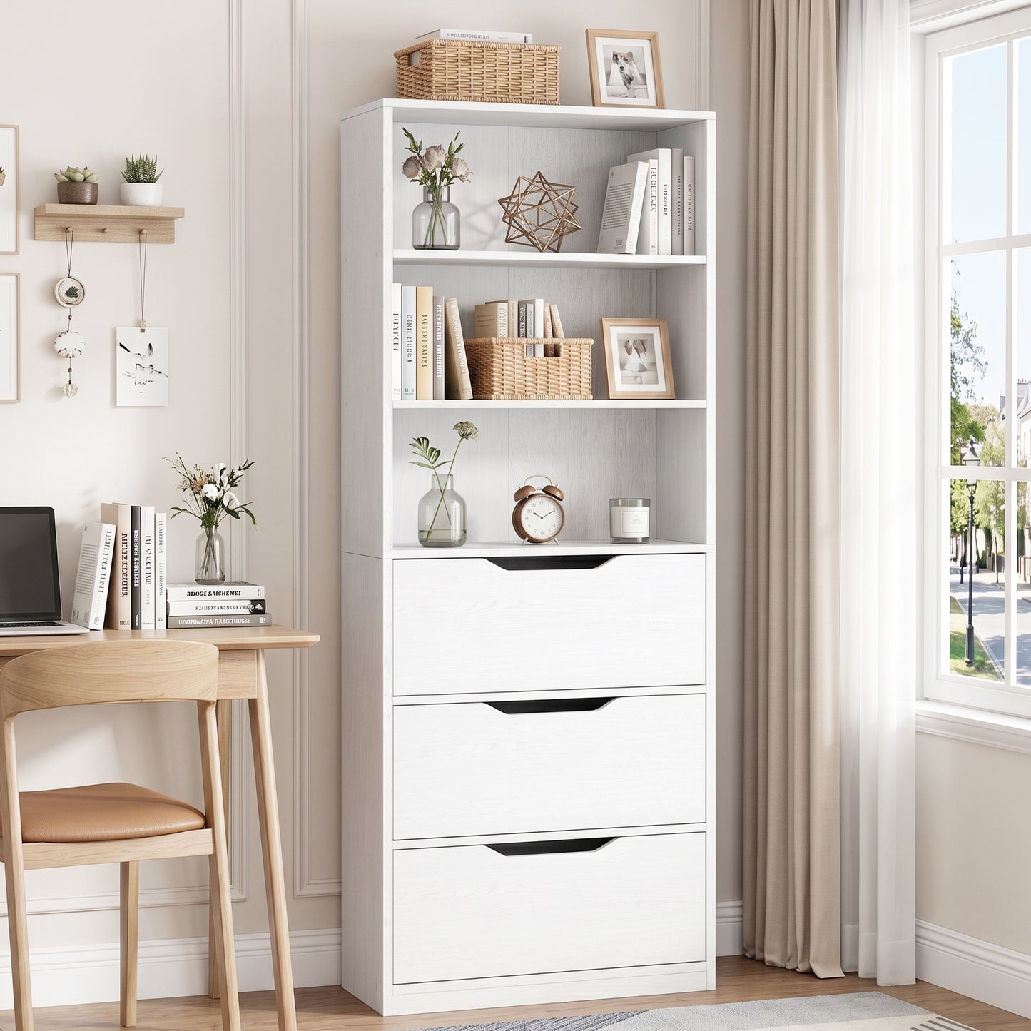 Walsunny Bookshelf with Drawers, 6 Tier H Shaped Bookcase with 3 Open Shelves, Wooden Tall Bookshelf and Bookcase for Living Room