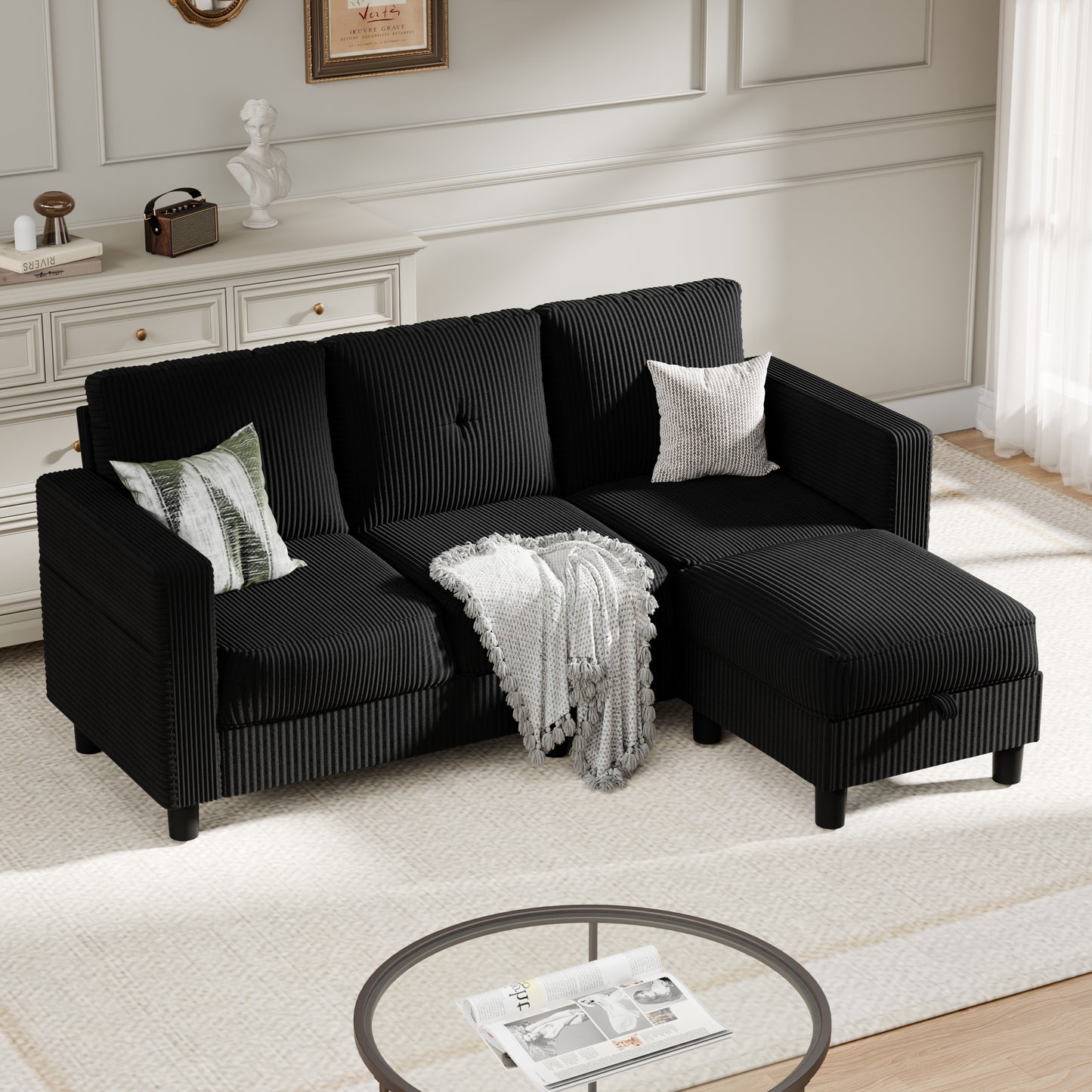Convertible Sectional Sofa Couch, Modern Linen Fabric L-Shaped 3-Seat Sofa Sectional with Reversible Chaise for Small Space