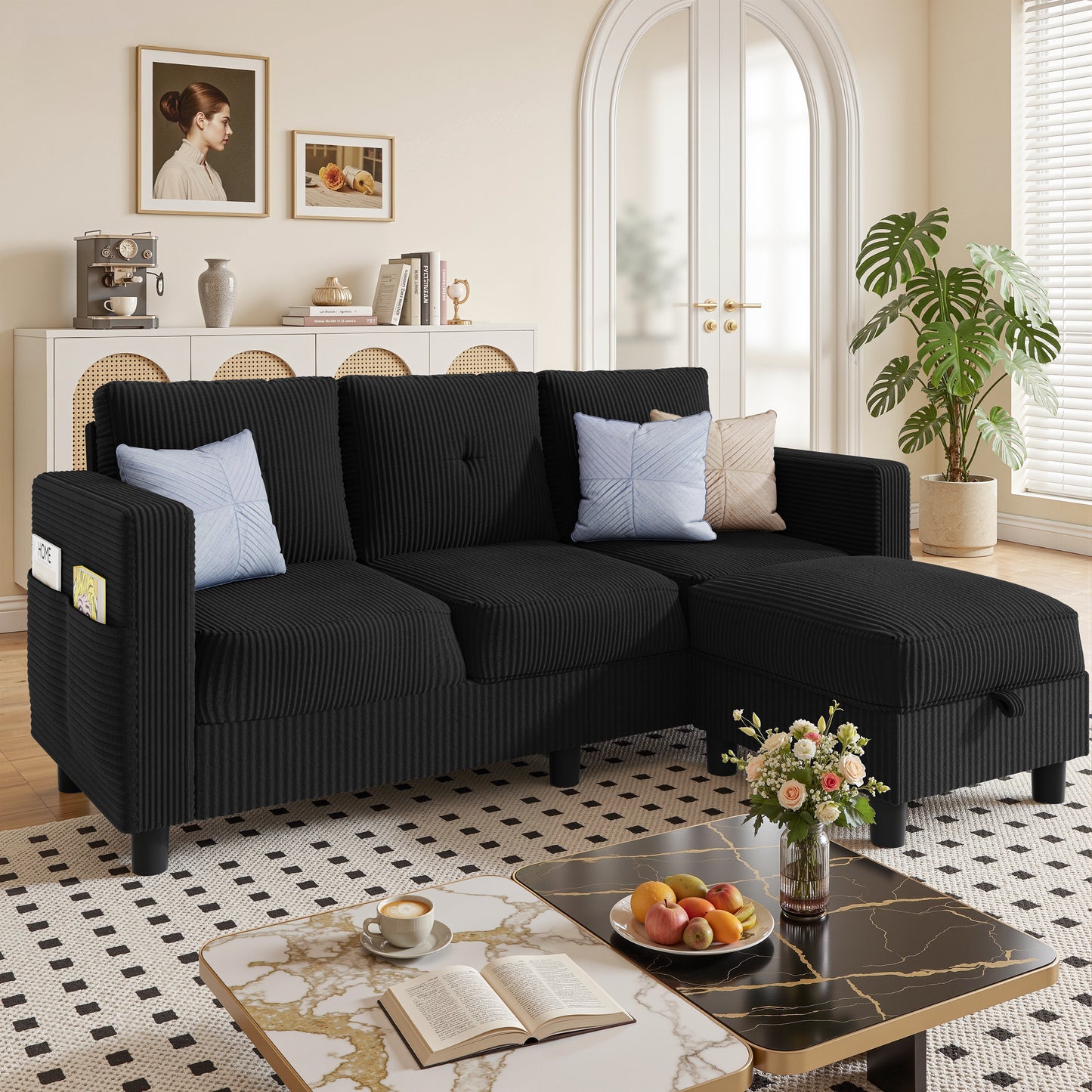 Walsunny Convertible Sectional Sofa Couch, Modern Linen Fabric L-Shaped Couch 3-Seat Sofa Sectional with Reversible Chaise for Small Living Room, Apartment and Small Space
