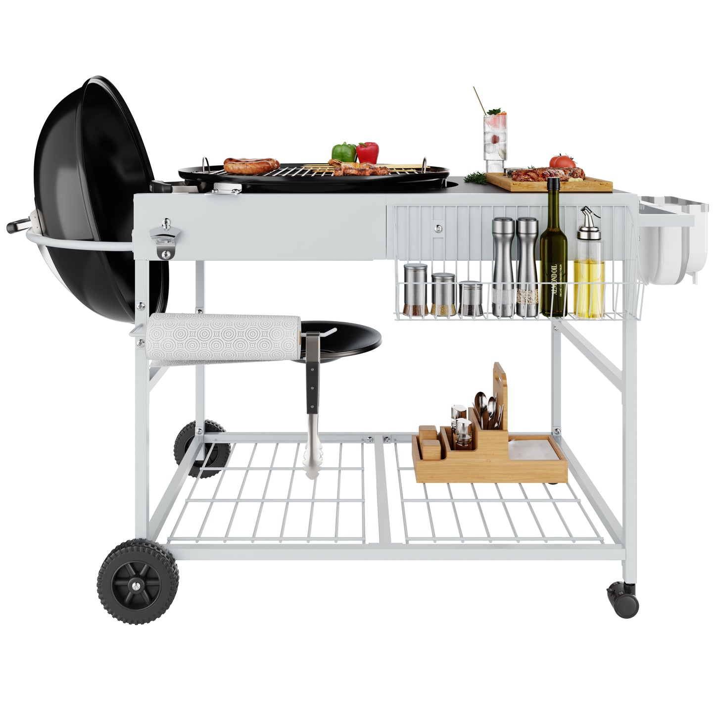 Walsunny Outdoor Grill Prep Table Cart for Weber 22"&18" Kettle, Universal Grill Table Stand Cart for Performer, Master-Touch, JumboJoe Charcoal Grills with Sliding Lid Rack, Lockable Wheels