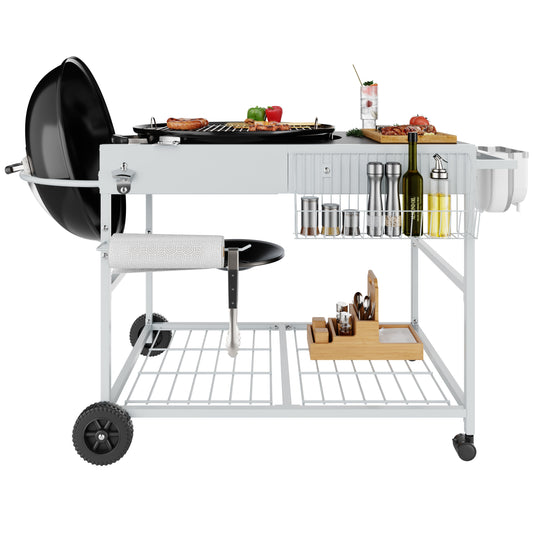 Walsunny Outdoor Grill Prep Table Cart for Weber 22"&18" Kettle, Universal Grill Table Stand Cart for Performer, Master-Touch, JumboJoe Charcoal Grills with Sliding Lid Rack, Lockable Wheels
