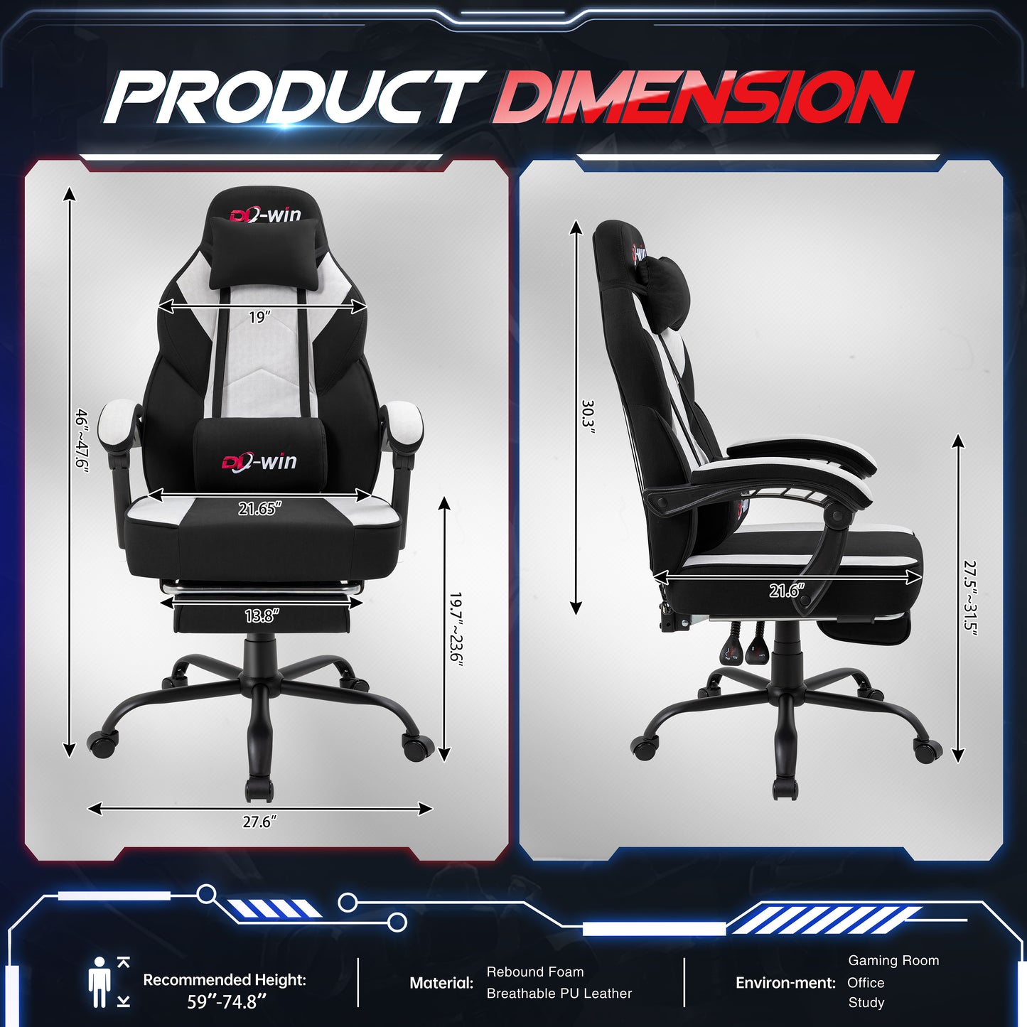 Walsunny Ergonomic Gaming Chair, Office Chair with High Back and Lumber Support, Swivel Racing Chair with Adjustable Pillows & Footrest