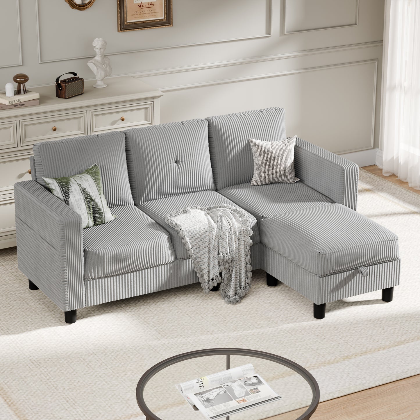Convertible Sectional Sofa Couch, Modern Linen Fabric L-Shaped 3-Seat Sofa Sectional with Reversible Chaise for Small Space