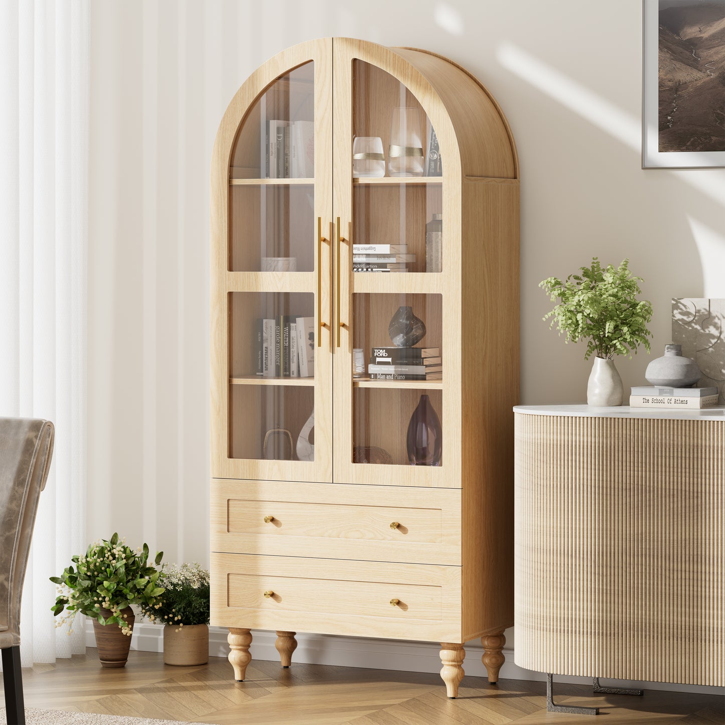 Walsunny 70"Tall Arched Kitchen Pantry,Storage Cabinet with Glass Doors and Adjustable Shelves,Freestanding Kitchen Hutch Cabinet for Dining Room,Living Room,Reading Room