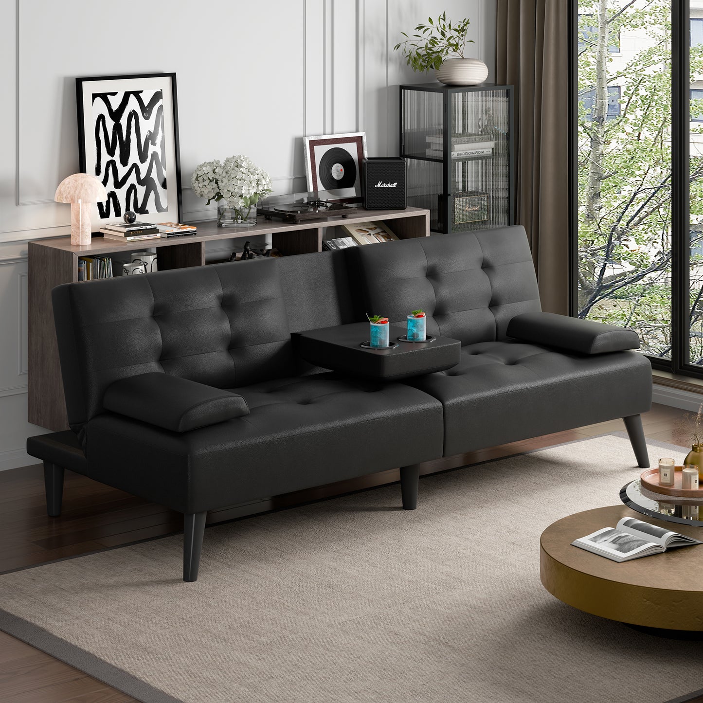 Walsunny Futon Sofa Bed with Hidden Cup Holders, Modern Convertible Folding Futon Couch with 3-Angle Adjustment for Living Room, Small Space