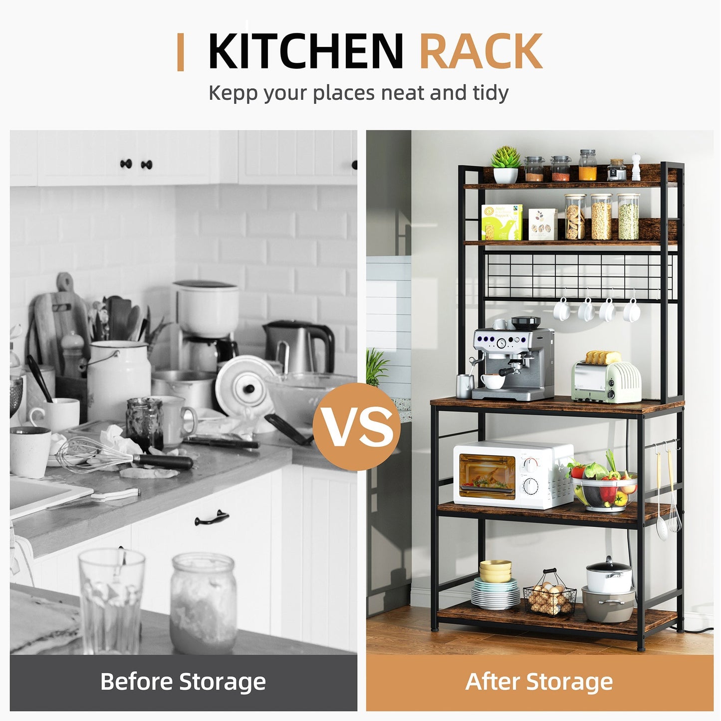 Walsunny Kitchen Bakers Rack with Power Outlet, Coffee Bar Table 3Tiers （Clearance）