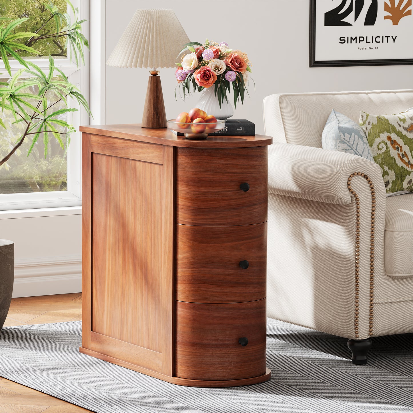 Walsunny Nightstand,Narrow End Table,3-Drawer Side Table,Vintage Slim Bedside Table for Bedroom,Hallway,Living Room,Cherry Finish