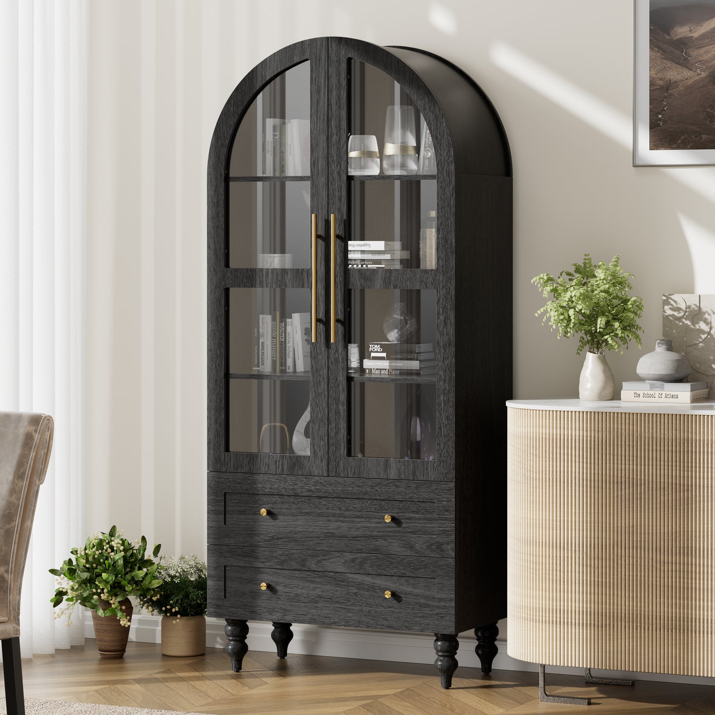 Walsunny 70"Tall Arched Kitchen Pantry,Storage Cabinet with Glass Doors and Adjustable Shelves,Freestanding Kitchen Hutch Cabinet for Dining Room,Living Room,Reading Room