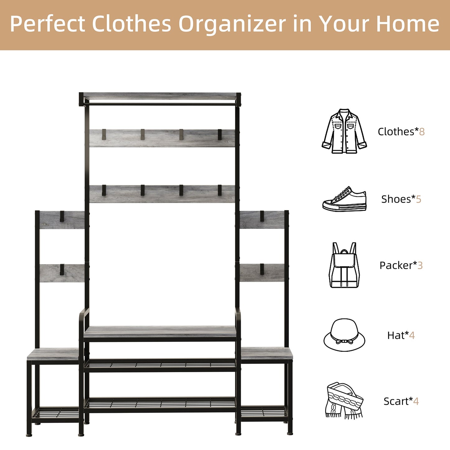 Walsunny 4 in 1 Entryway Hall Tree Coat Rack with Bench 56'' Entryway with Shoe Storage and Coat Hooks Large Organizer for Entryway Hallway