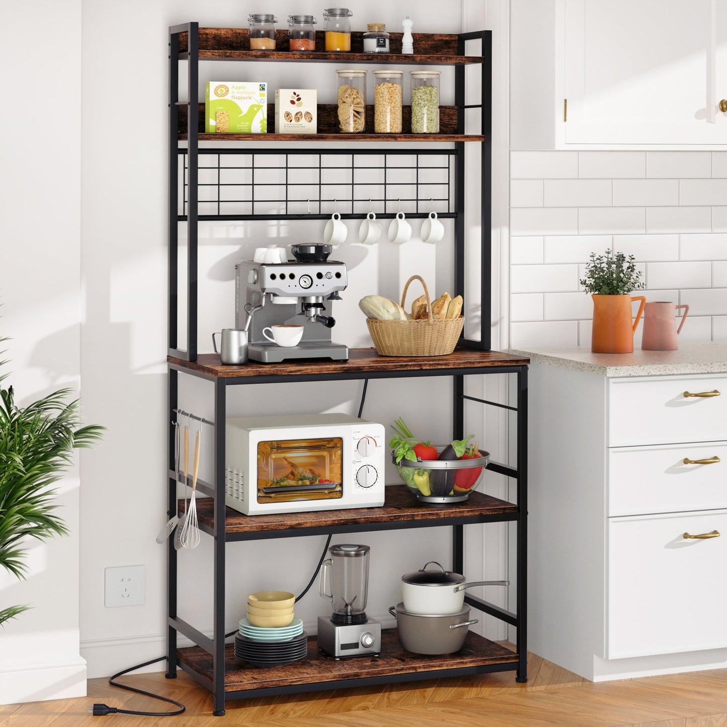 Walsunny Kitchen Bakers Rack with Power Outlet, Coffee Bar Table 3Tiers （Clearance）