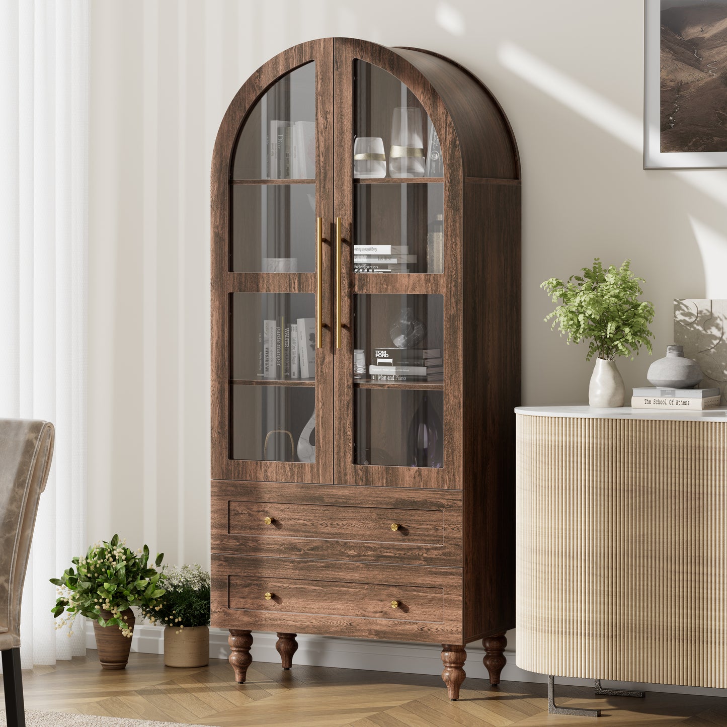 Walsunny 70"Tall Arched Kitchen Pantry,Storage Cabinet with Glass Doors and Adjustable Shelves,Freestanding Kitchen Hutch Cabinet for Dining Room,Living Room,Reading Room