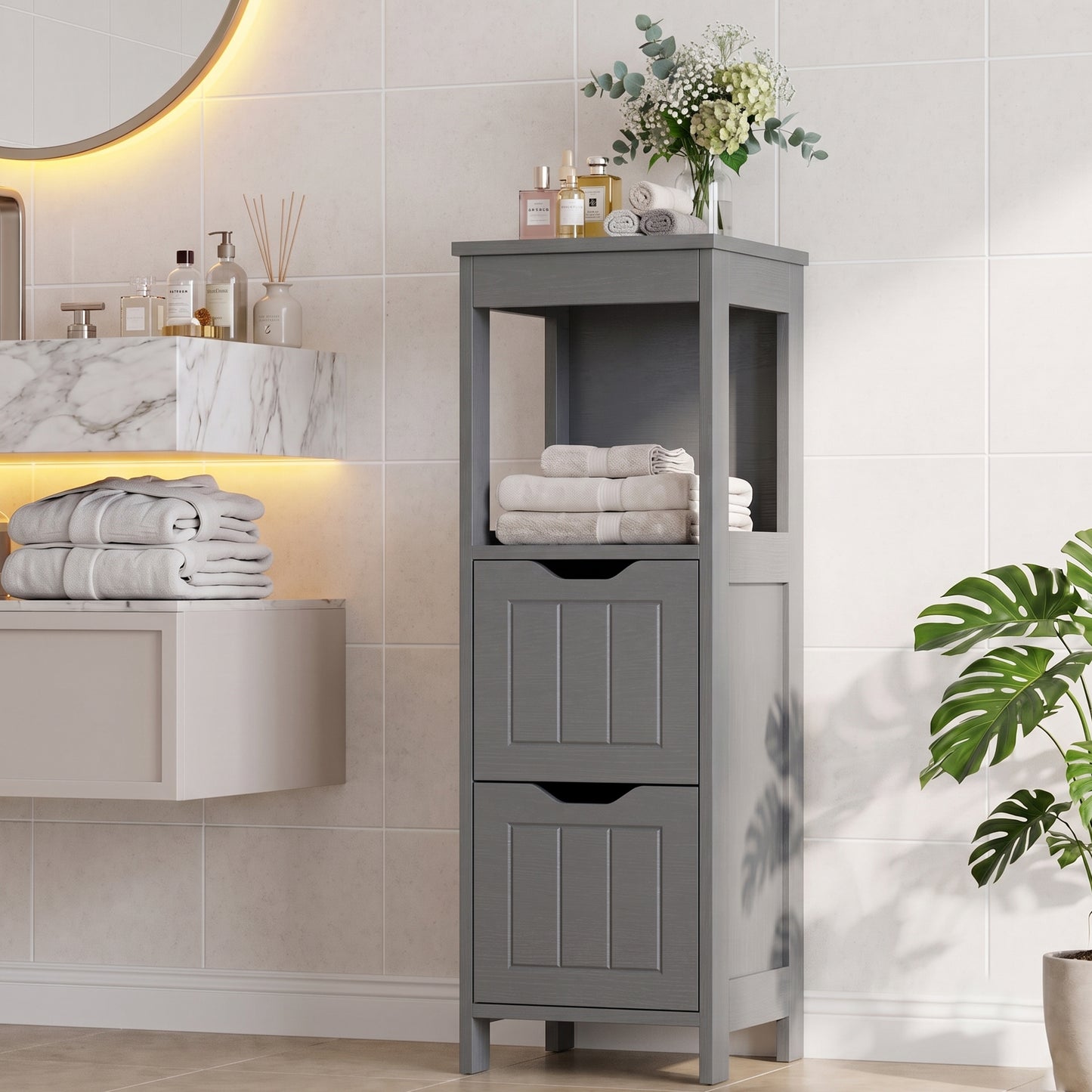 Walsunny Bathroom Storage Cabinets Floor Cabinet Organizer Freestanding Narrow Cabinet with Drawer Open Shelf for Bathroom Laundry