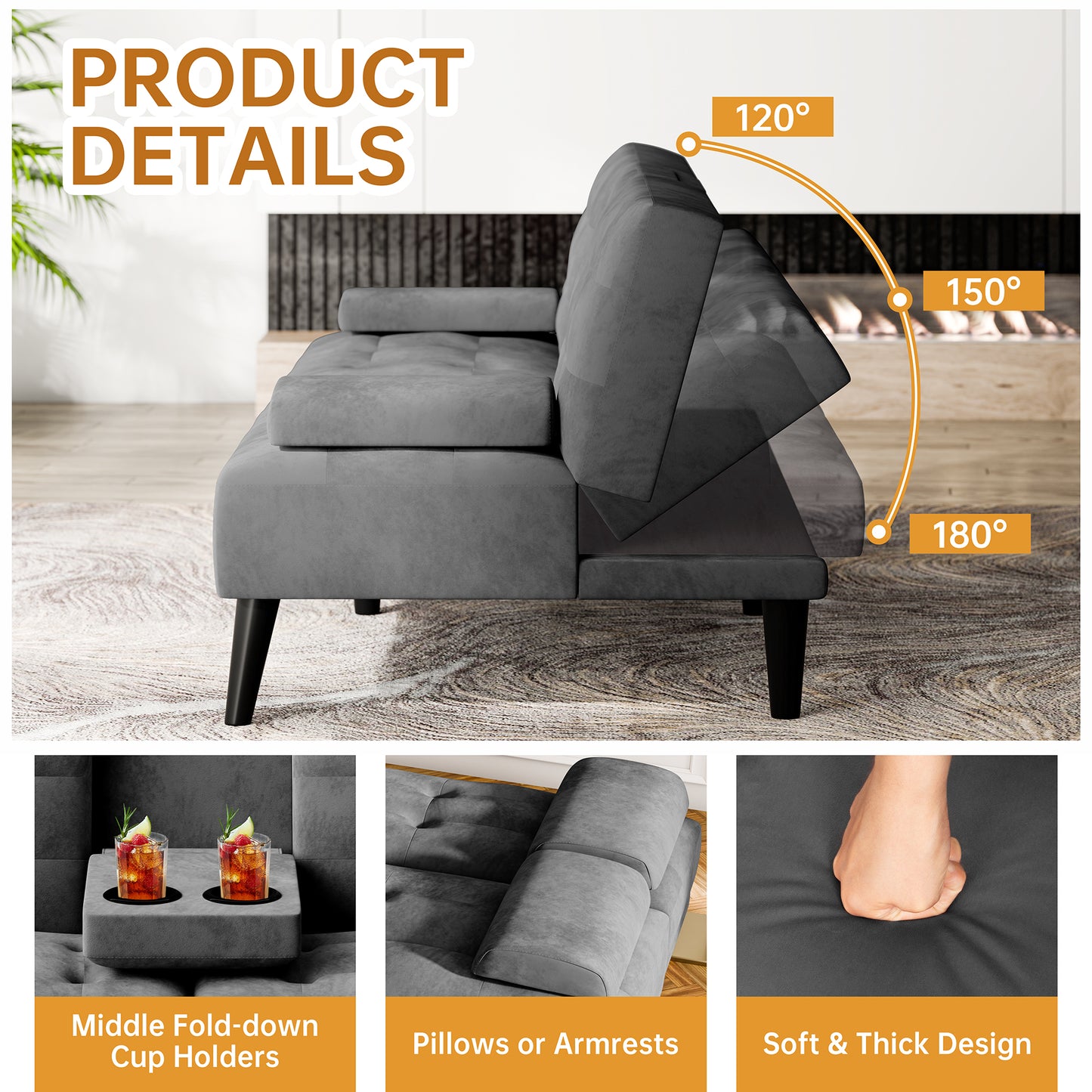 Walsunny Convertible Futon Sofa Bed, Foldable Futon Sleeper Sofa Bed with 2 Cup Holders, Folding Loveseat Recliner with 3-Angle Adjustment Modern Couch for Living Room, Small Space