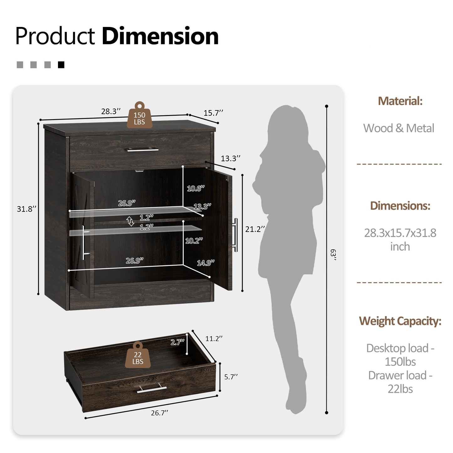Walsunny Sideboards Buffets Table 28.3" with Drawer Storage Cabinet Adjustable Shelf Farmhouse Coffee Bar Cabinet for Kitchen Dining Room Entryway Small Places