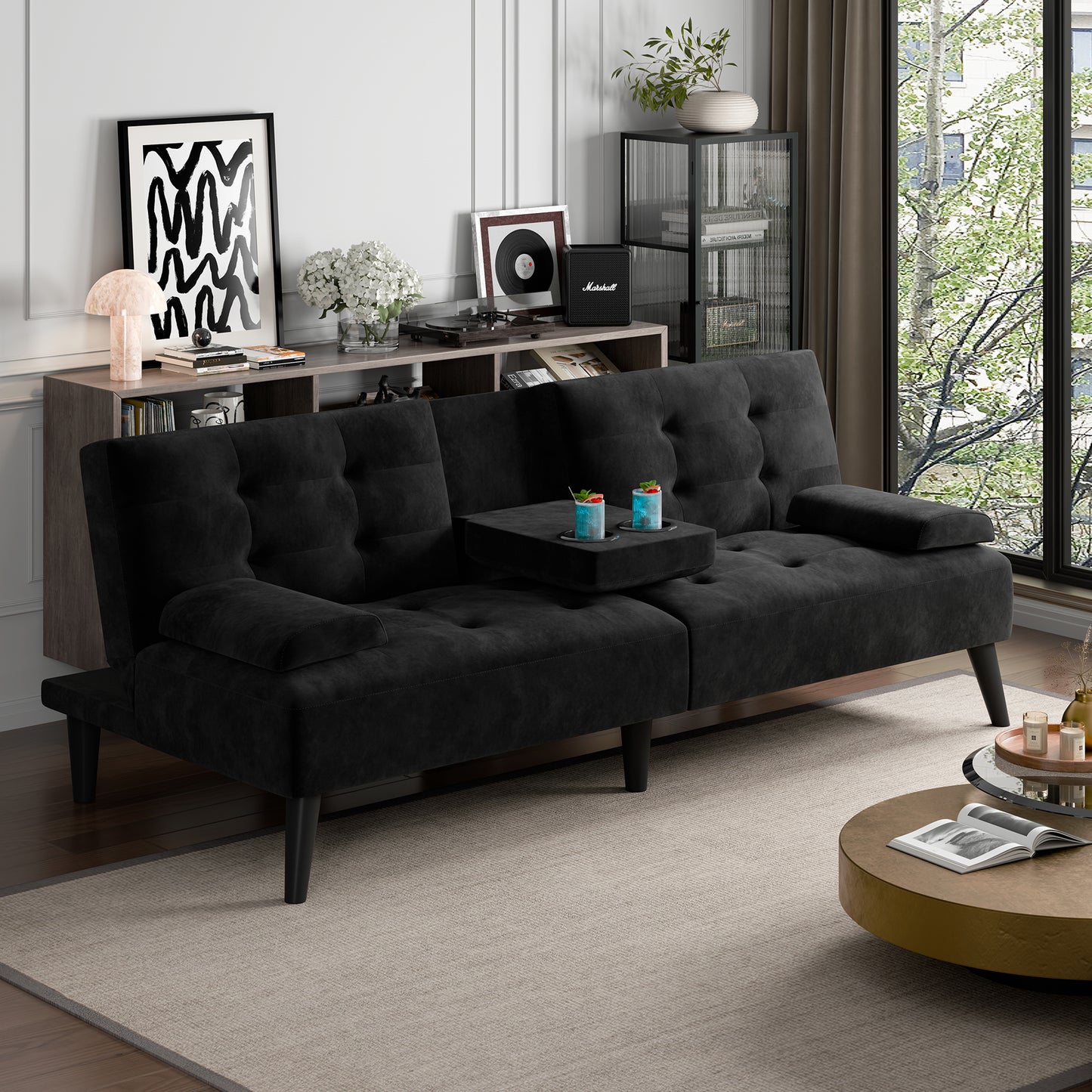 Walsunny Futon Sofa Bed with Hidden Cup Holders, Modern Convertible Folding Futon Couch with 3-Angle Adjustment for Living Room, Small Space