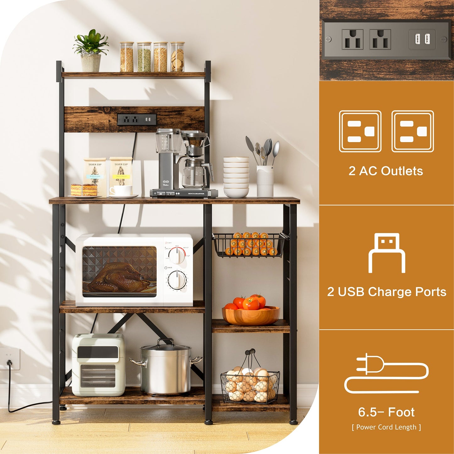 WALSUNNY Kitchen Baking Rack with Outle, Freestanding Kitchen Storage Rack Organizer