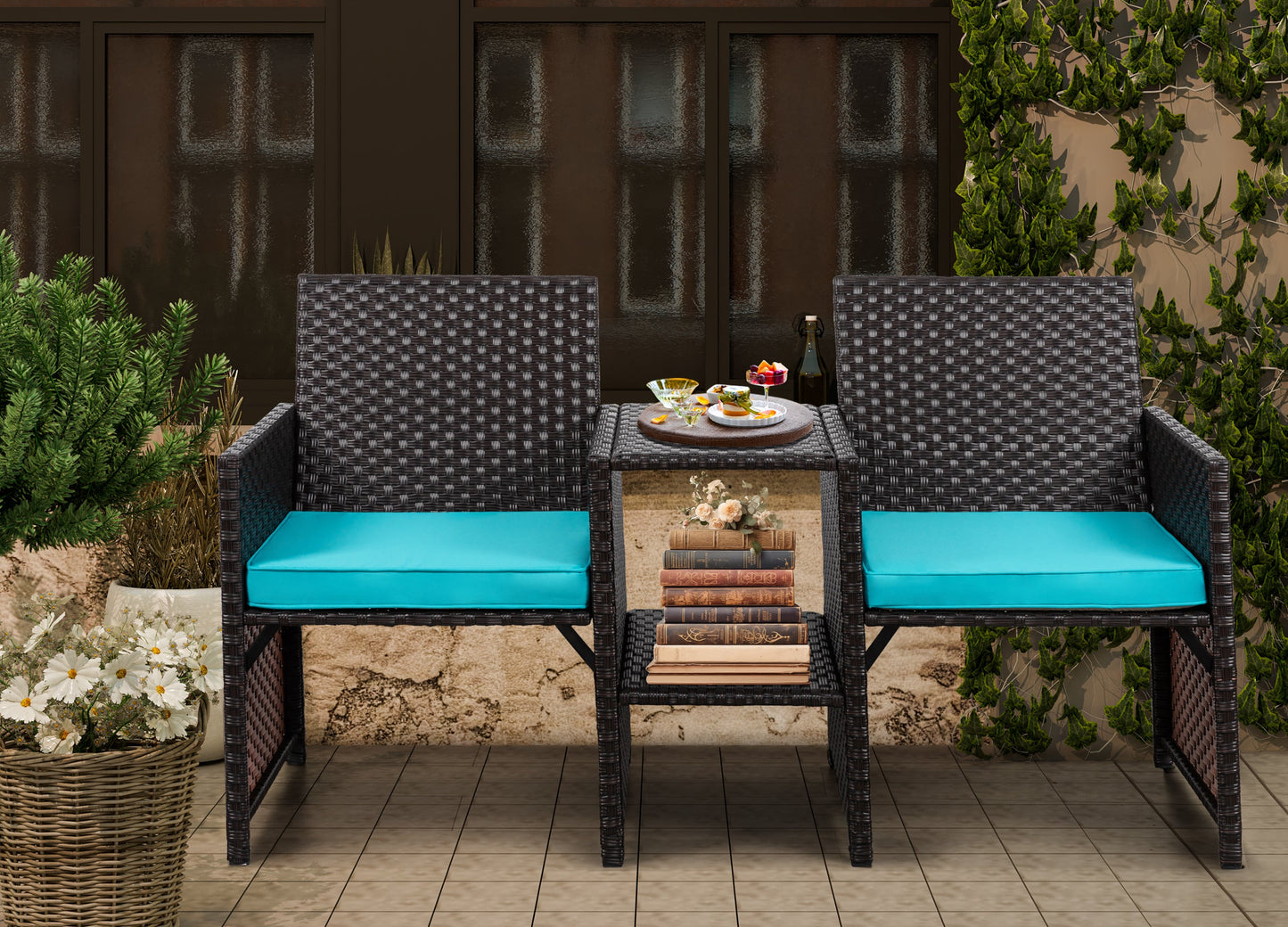 Walsunny Patio Rattan Conversation Set Seat Sofa Cushioned Loveseat Table Chairs Dark Blue