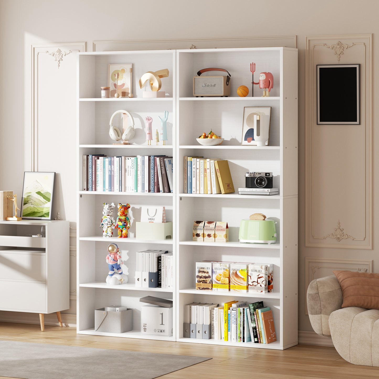 Walsunny 6 Tier Bookshelf Standard Wooden Bookcase Display Shelf with Storage Anti-tipping Device for Home Office Living Room