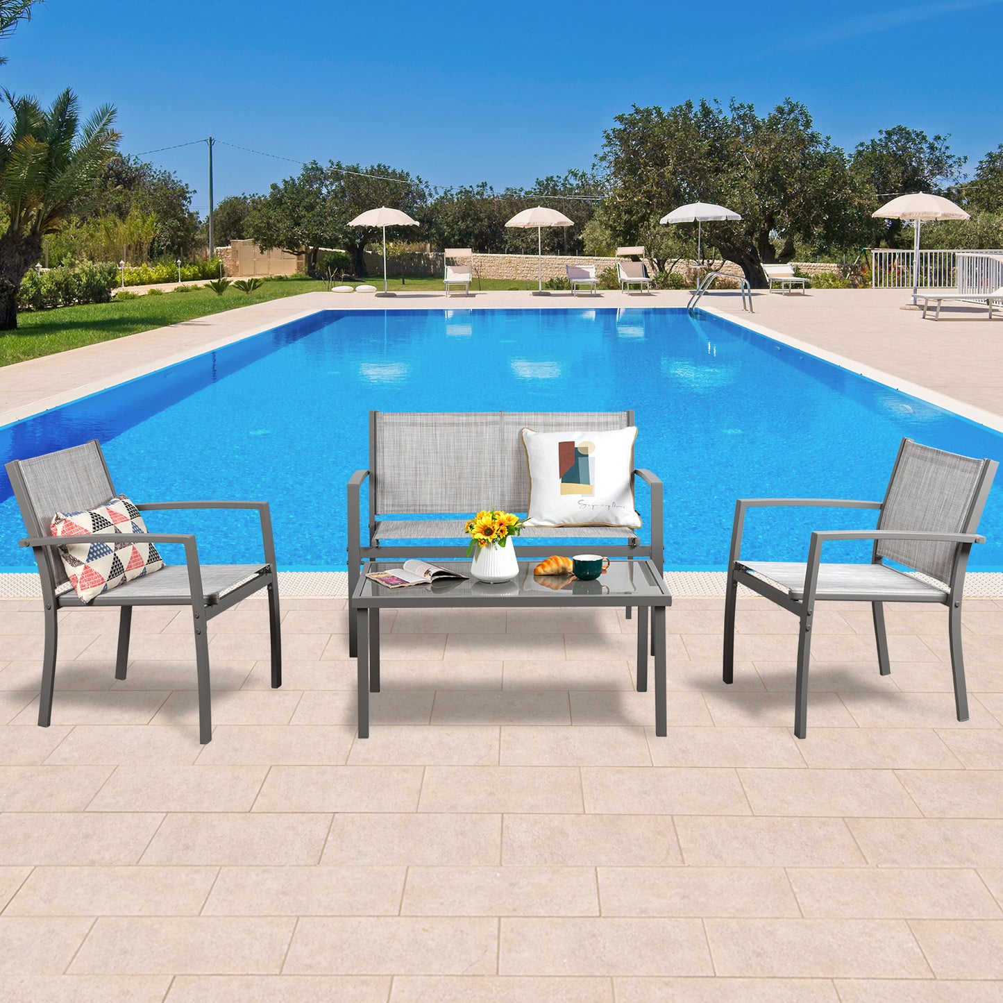 Walsunny Patio Furniture 4 Pieces Outdoor Texilene Loveseat Set & Glass Table