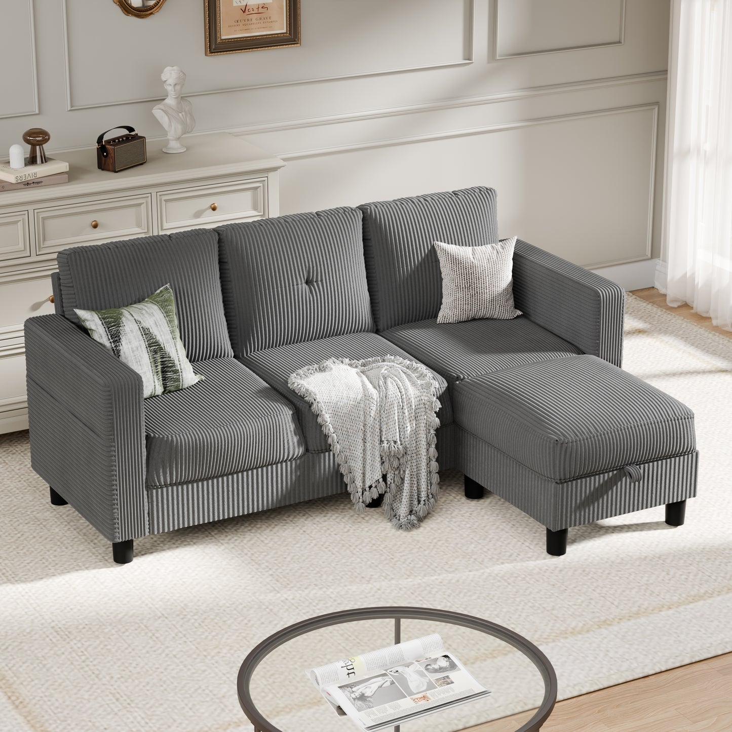 Convertible Sectional Sofa Couch, Modern Linen Fabric L-Shaped 3-Seat Sofa Sectional with Reversible Chaise for Small Space