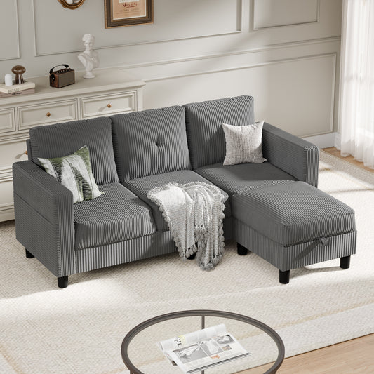 Convertible Sectional Sofa Couch, Modern Linen Fabric L-Shaped 3-Seat Sofa Sectional with Reversible Chaise for Small Space