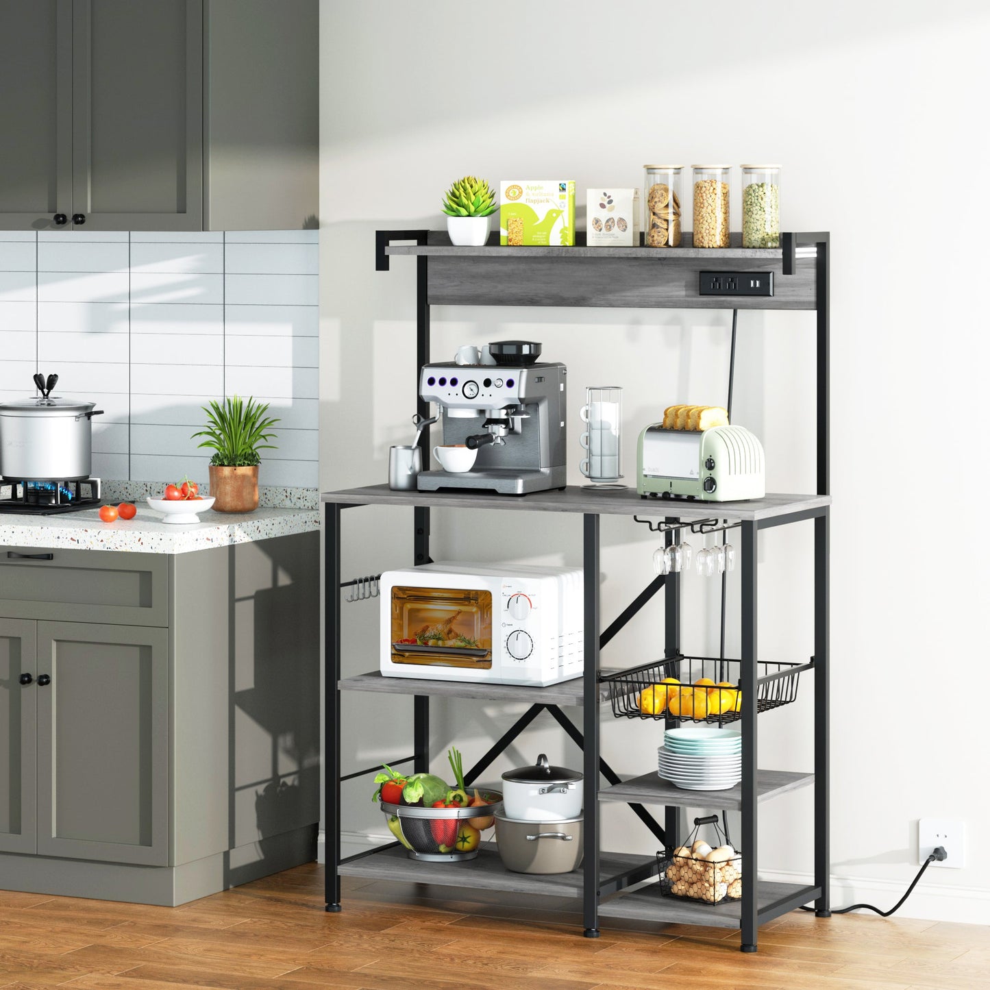 WALSUNNY Kitchen Bakers Rack with Power Outlet  Coffee Bar Table 4 Tiers