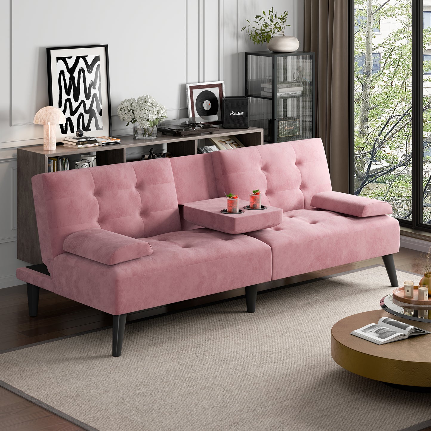 Walsunny Futon Sofa Bed with Hidden Cup Holders, Modern Convertible Folding Futon Couch with 3-Angle Adjustment for Living Room, Small Space